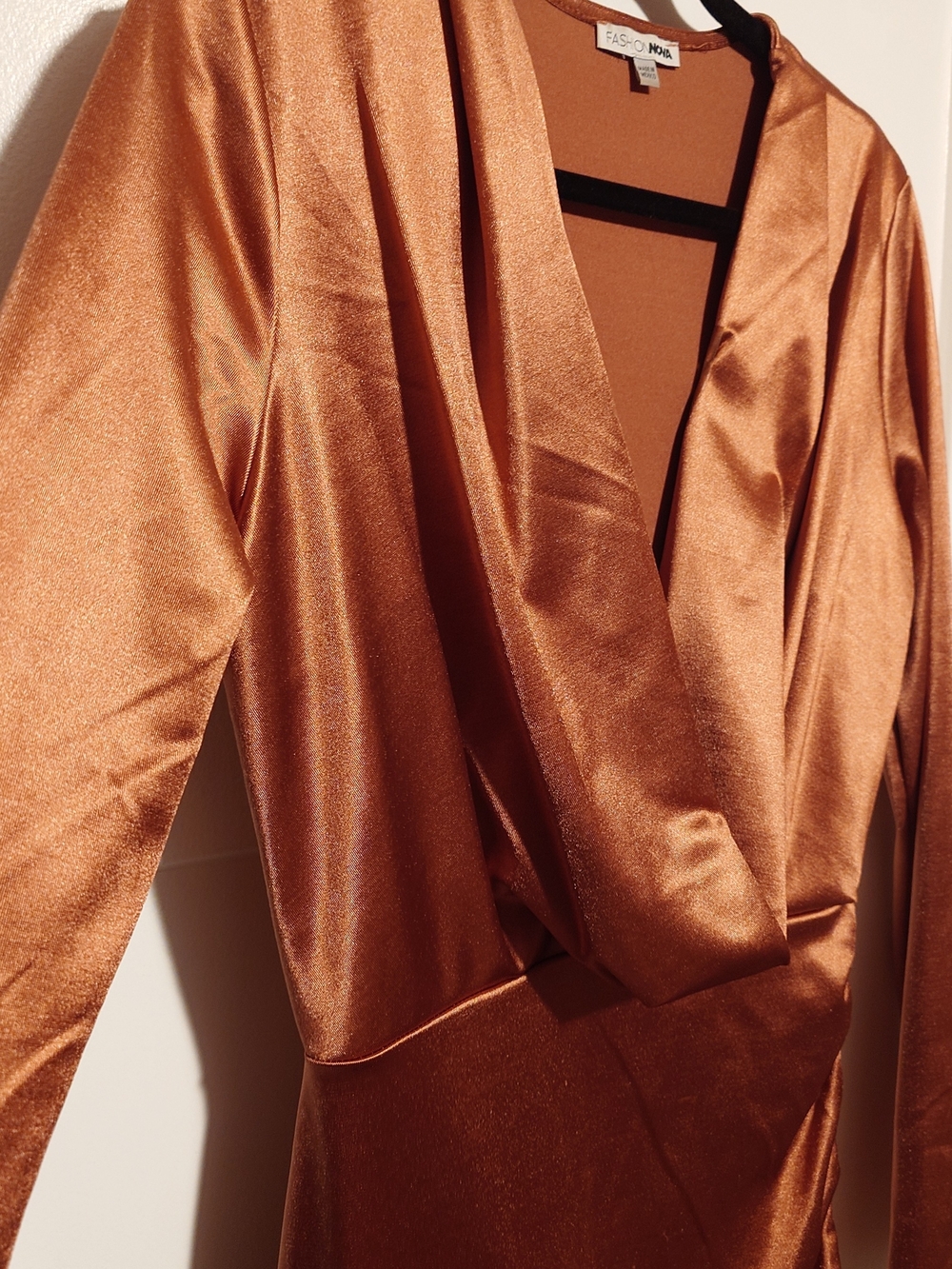 Fashion Nova Copper Satin Deep V Neck Dress
